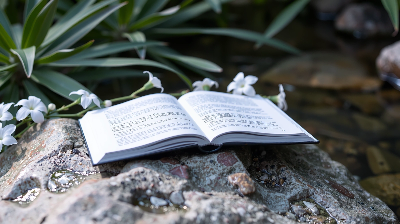 Open book or tablet surrounded by natural elements like leaves and water, symbolizing wellness and knowledge