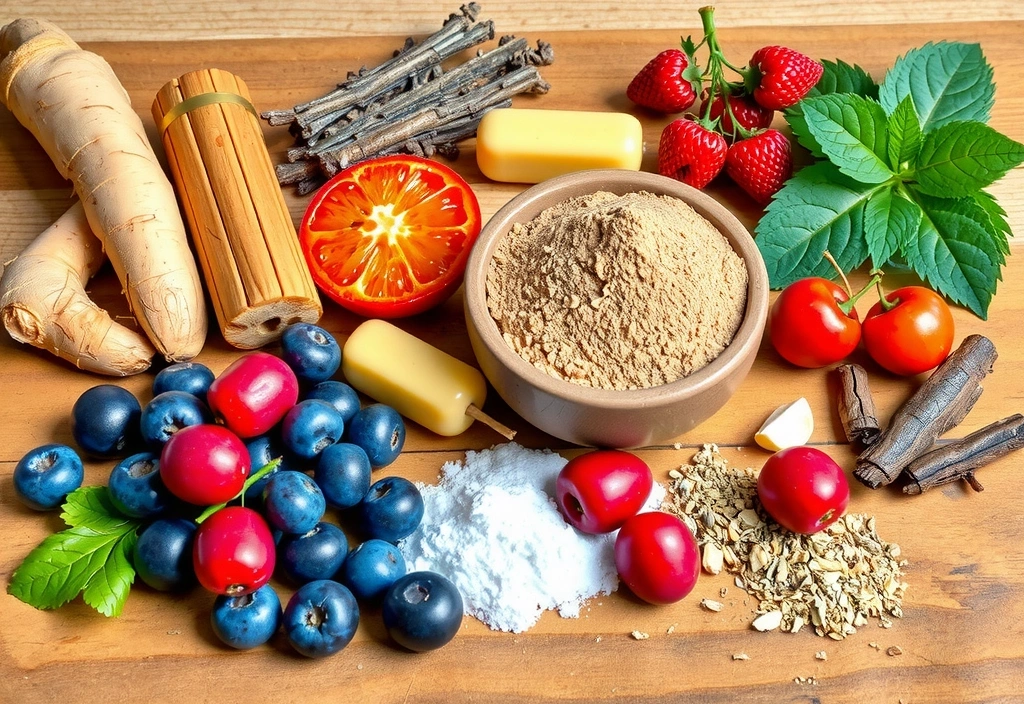 Assortment of natural ingredients like herbs, roots, and berries, representing men's supplements