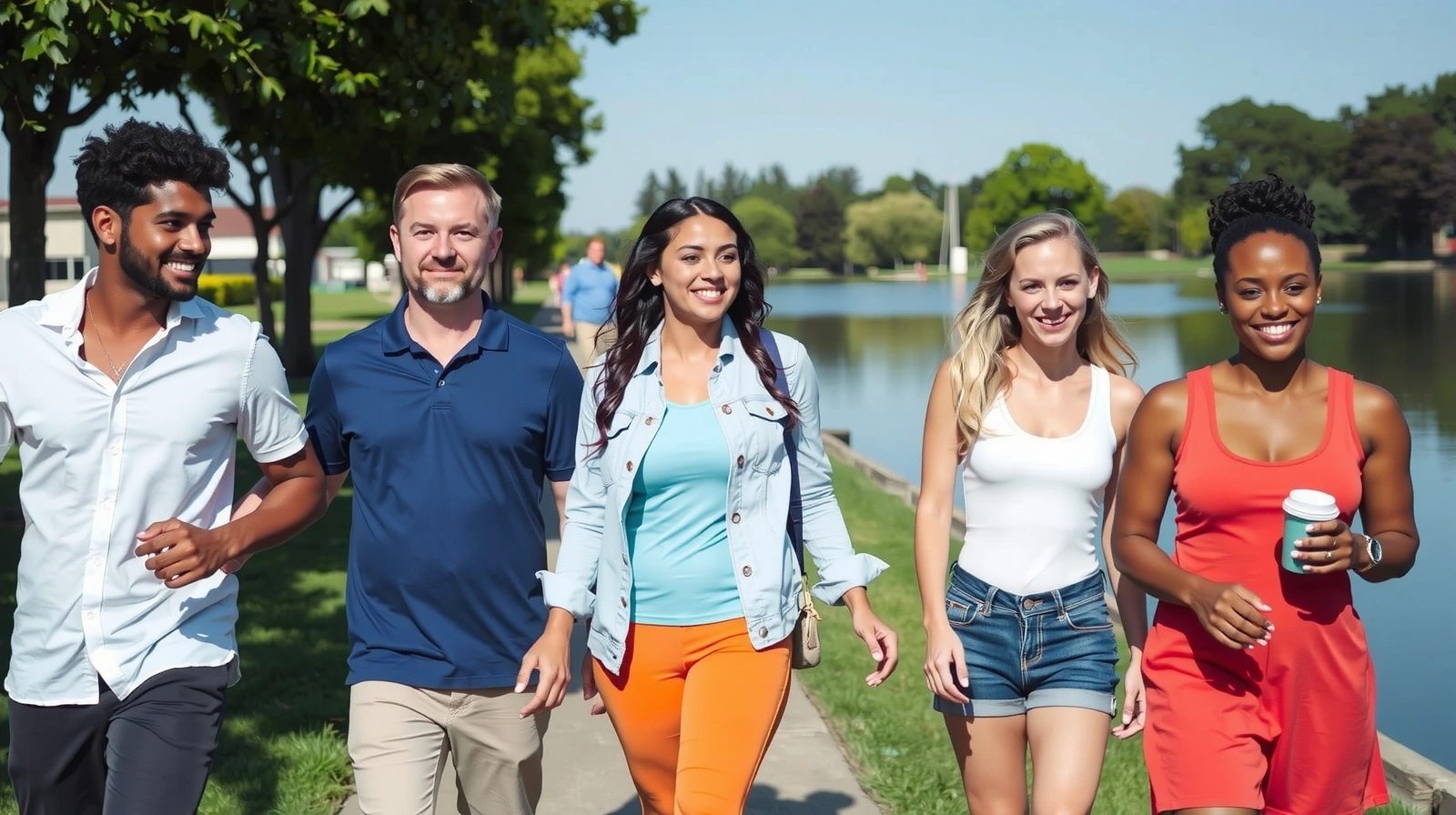 Diverse group of healthy, radiant people enjoying a natural, serene outdoor setting