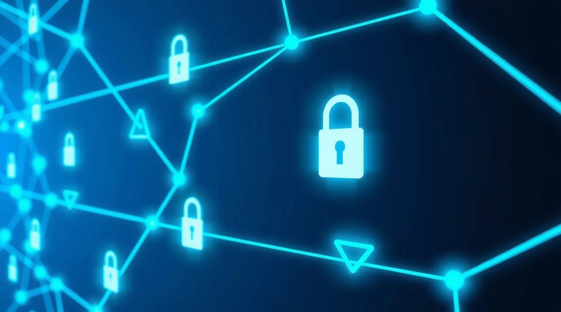 Abstract representation of data flowing securely through digital channels, with padlock icons and encryption symbols.