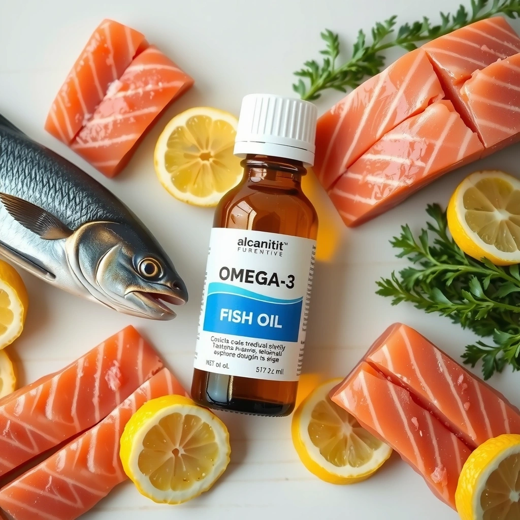 A bottle of Omega-3 fish oil placed next to fresh fish (salmon, tuna) and a lemon slice, emphasizing natural sourcing.