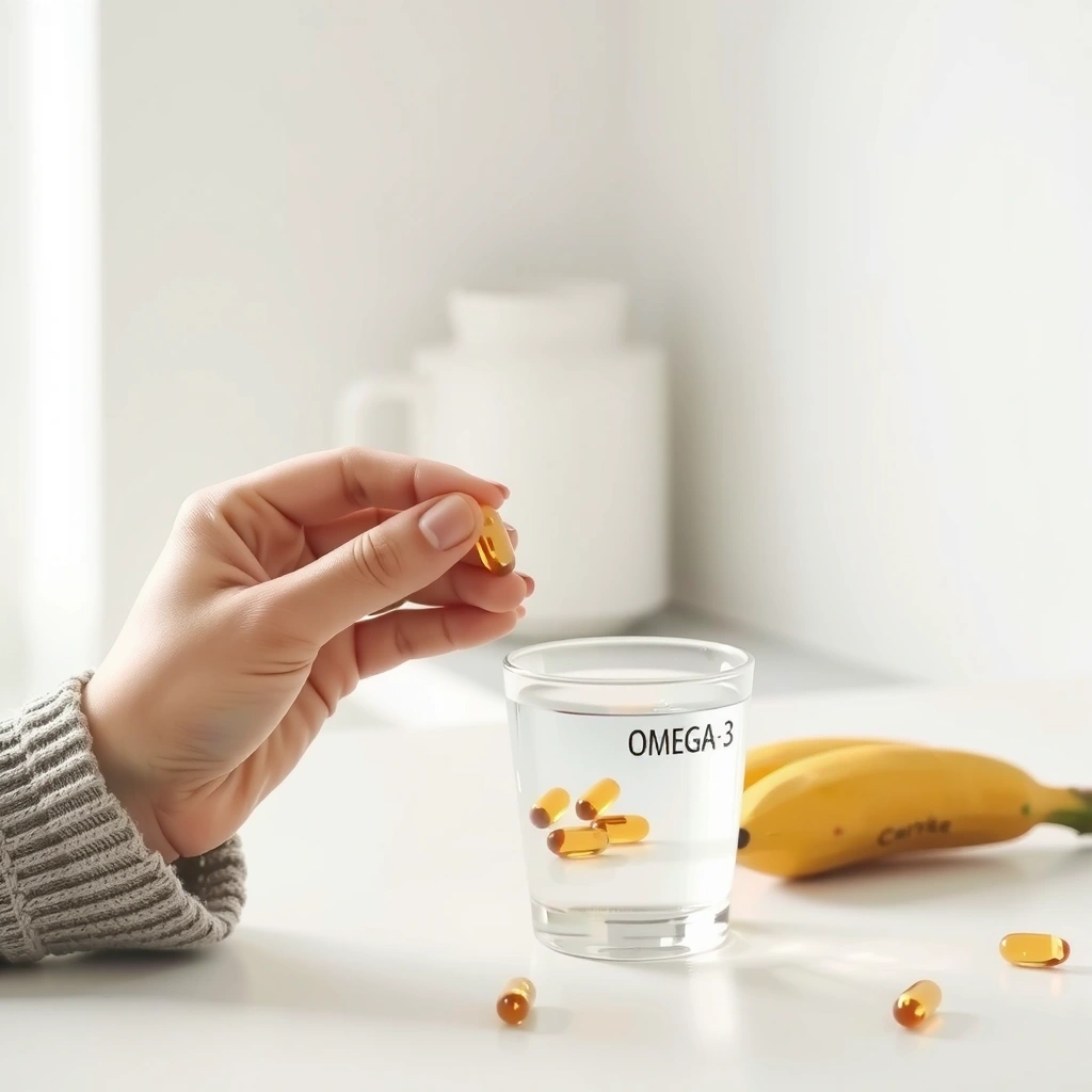 Lifestyle shot of a person taking an Omega-3 supplement with a glass of water, in a bright, health-oriented setting.