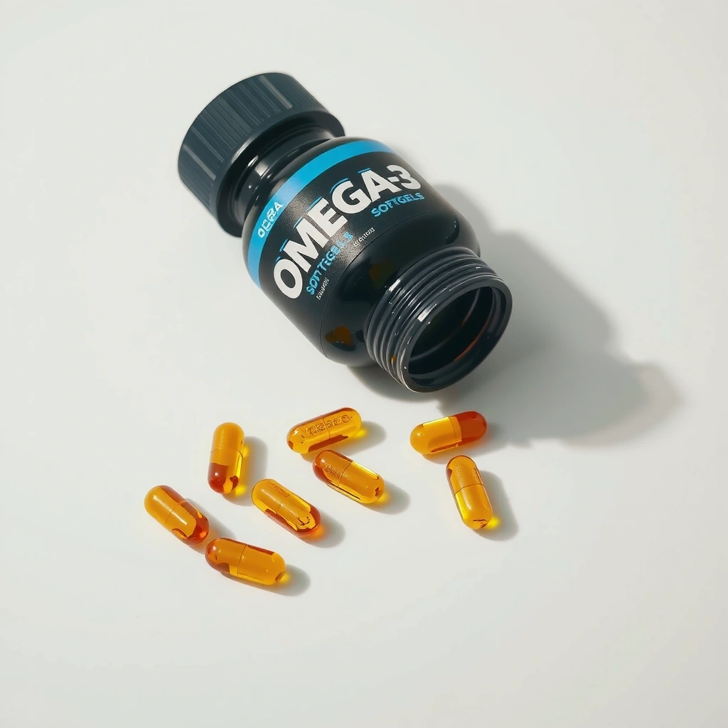 Open bottle of Omega-3 softgels, with a few capsules spilled out onto a clean, white surface, showcasing the quantity.